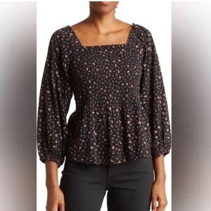 Lucie Smocked Black Cottage Floral Peplem Balloon Sleeve Top